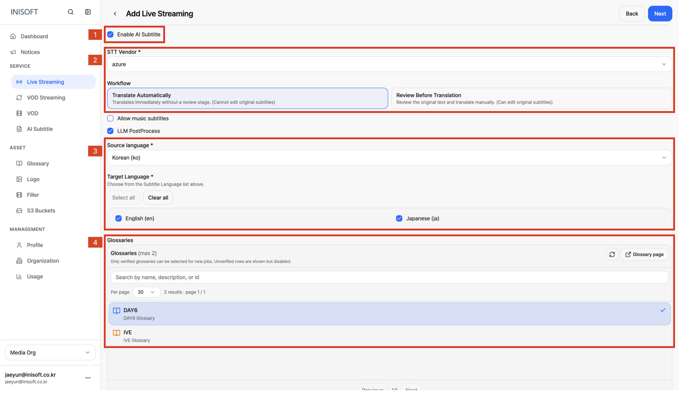 live ai subtitle setting